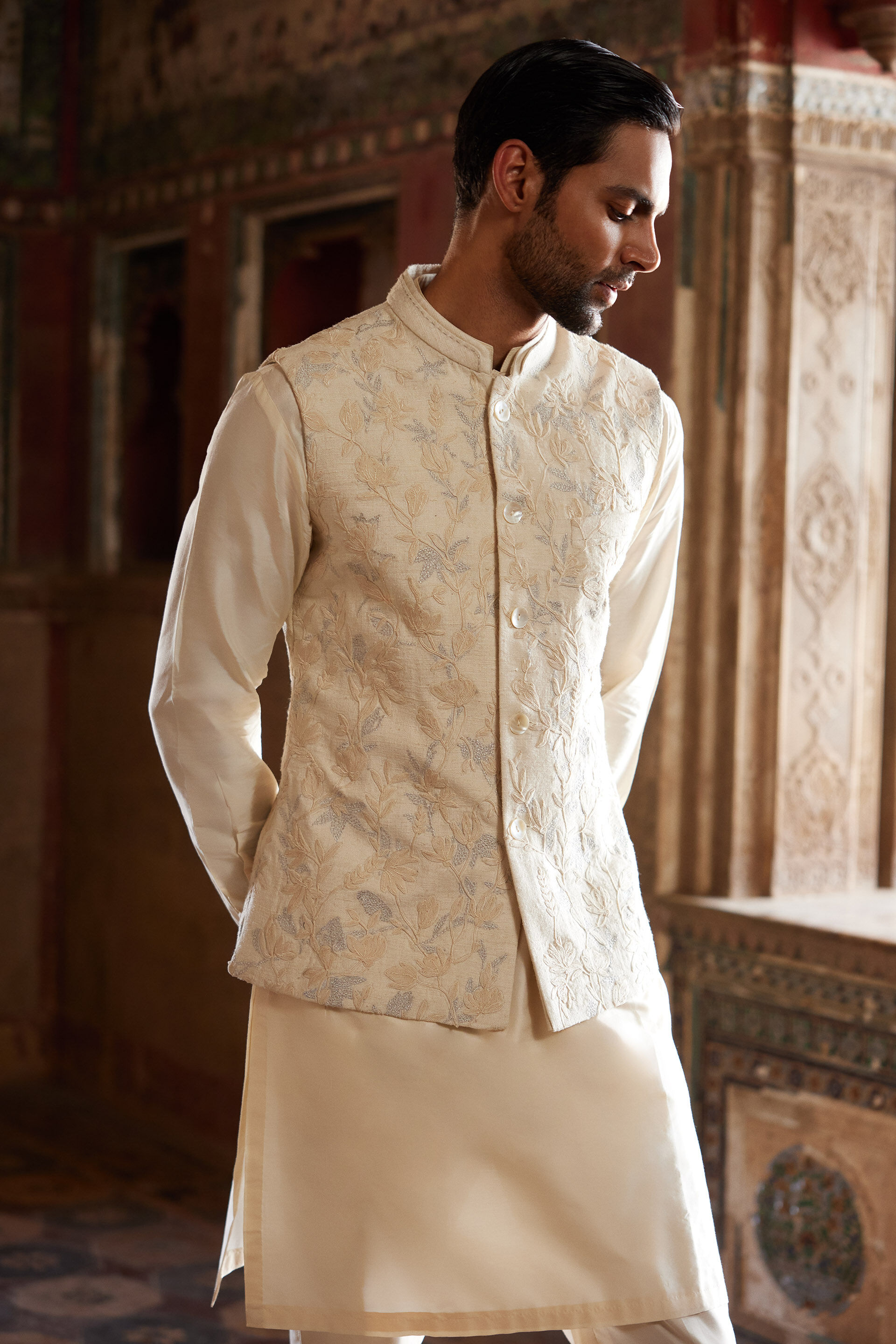 Aaman Embroidered Cord Silk Nehru Jacket - Ivory, Ivory, image 4